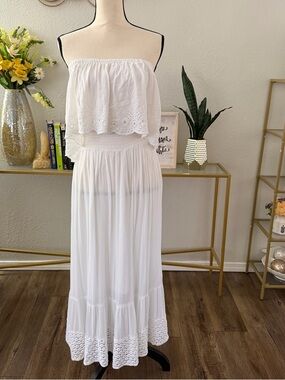 White Strapless Maxi Dress with Eyelet Detail